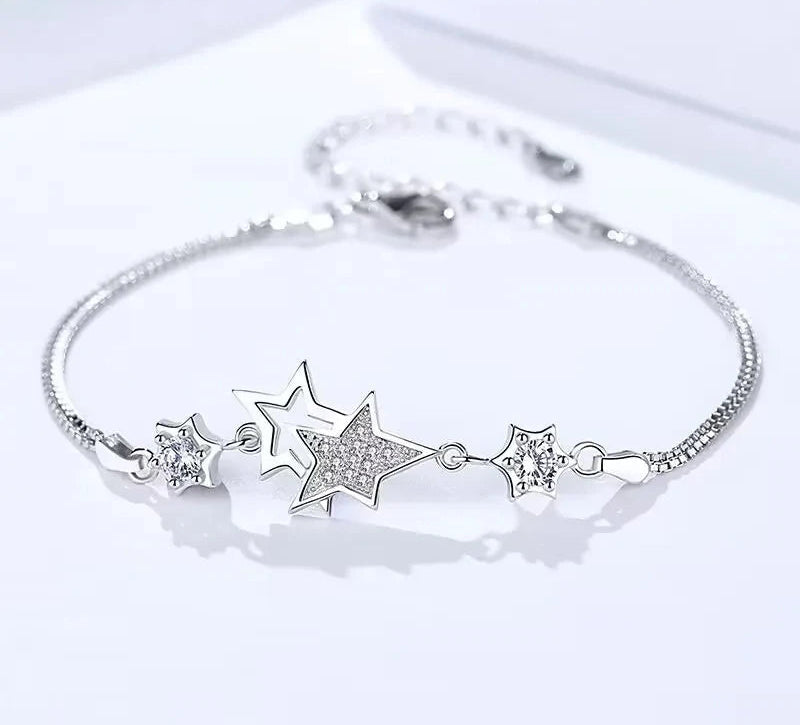 Elegant Crystal Stars 925 Sterling Silver Charm Bracelets for Women Jewelry Fine Accessories