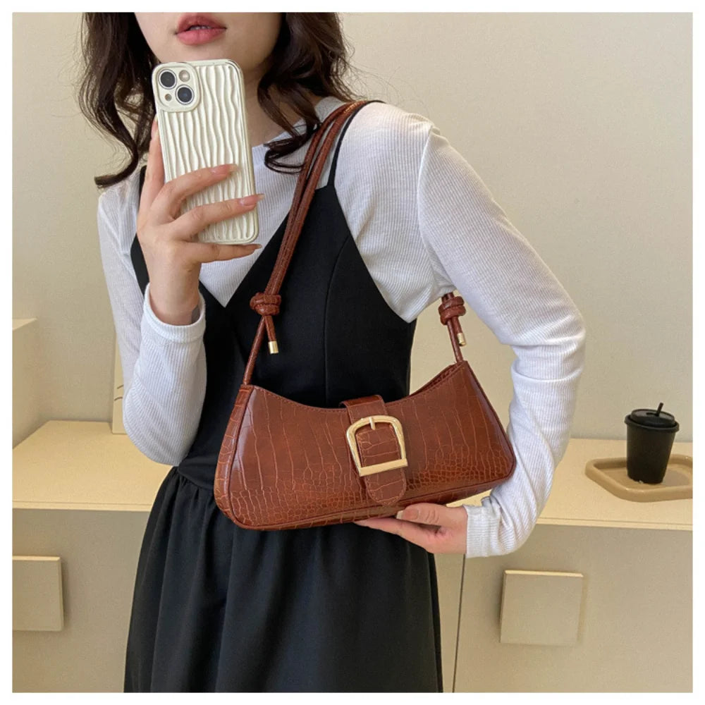 Modern French Fashion Leather Women's Shoulder Baguette Handbag Alligator Pattern Texture Popular Underarm Purse Bag