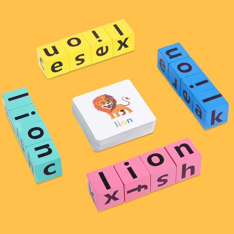 Exciting Word Alphabet Learning Spelling Game Toy for Preschool Boys and Girls, Letters Reading Wooden Building Blocks with 40 Cards