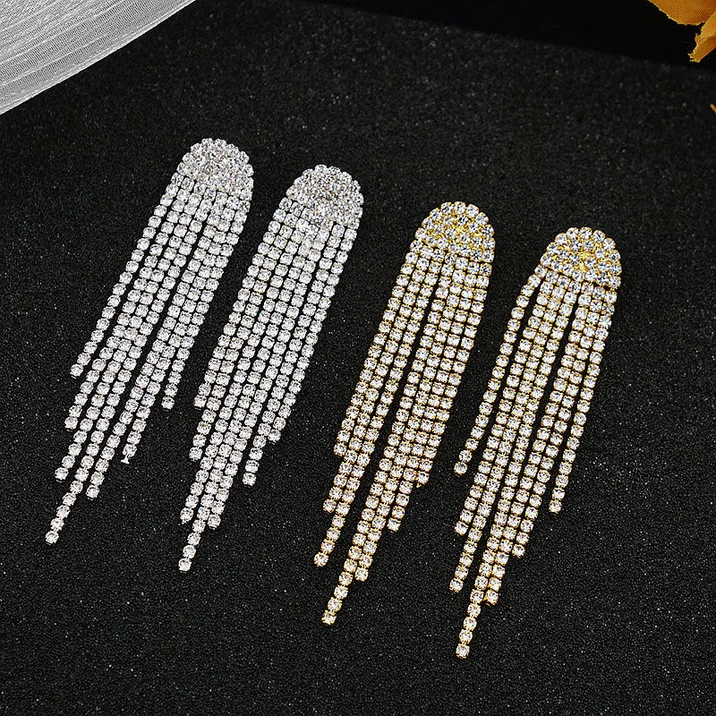 Rhinestone Long Tassel Drop Earrings for Women Girls Silver Gold Black Color Dangle Earrings Jewelry