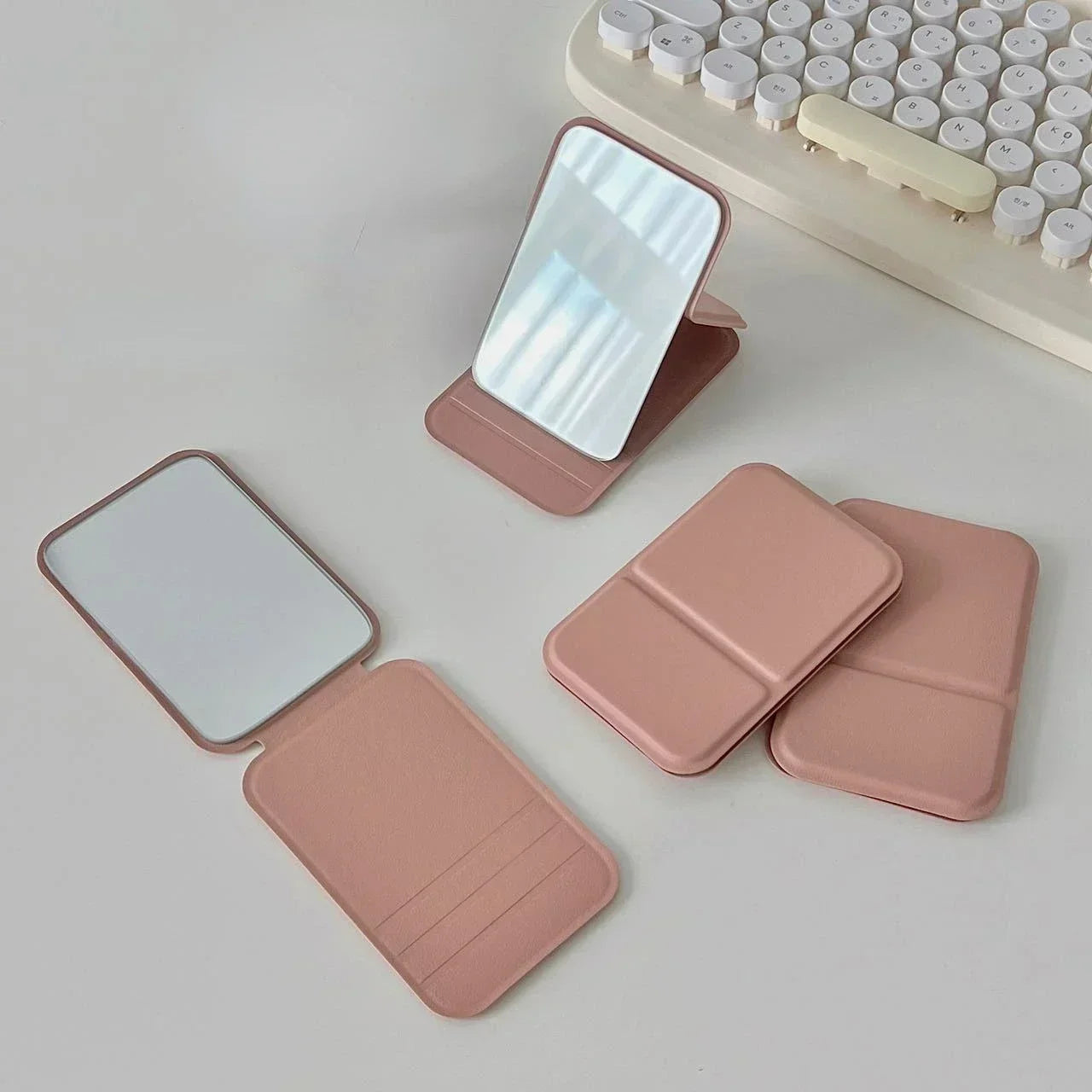 Portable Leather Foldable Makeup Mirror Handheld Compact Cute Desktop Pocket Mirror