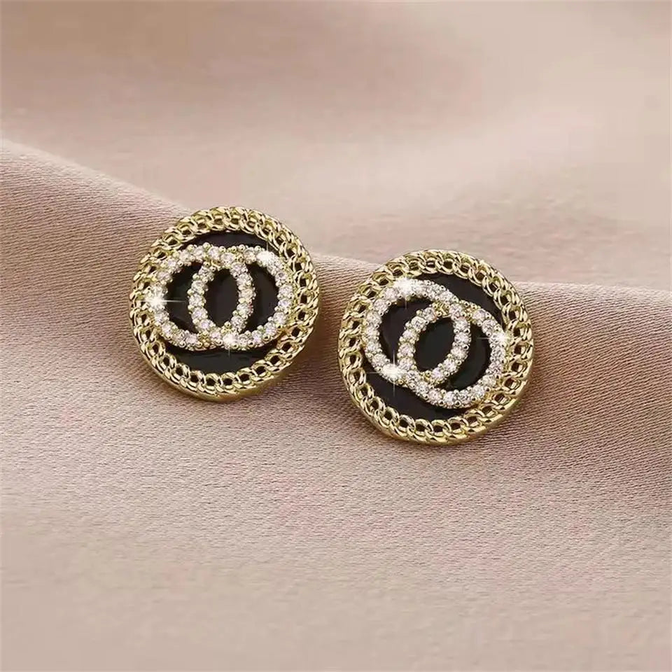 Fashion Crystal Double Circle with Black Enamel Stud Earrings for Women Popular Modern Rhinestones Jewelry Accessories
