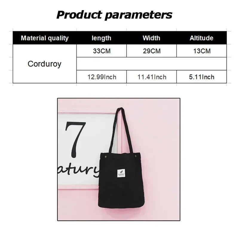 High Quality Casual Foldable Corduroy Handbag Eco Friendly Reusable Lightweight Shopping Shoulder Bags