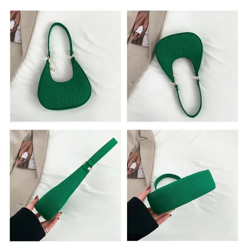 Women's Fashion Casual Felt Stone Pattern Shoulder Saddle Handbag Purse Underarm Crescent Messenger Bags