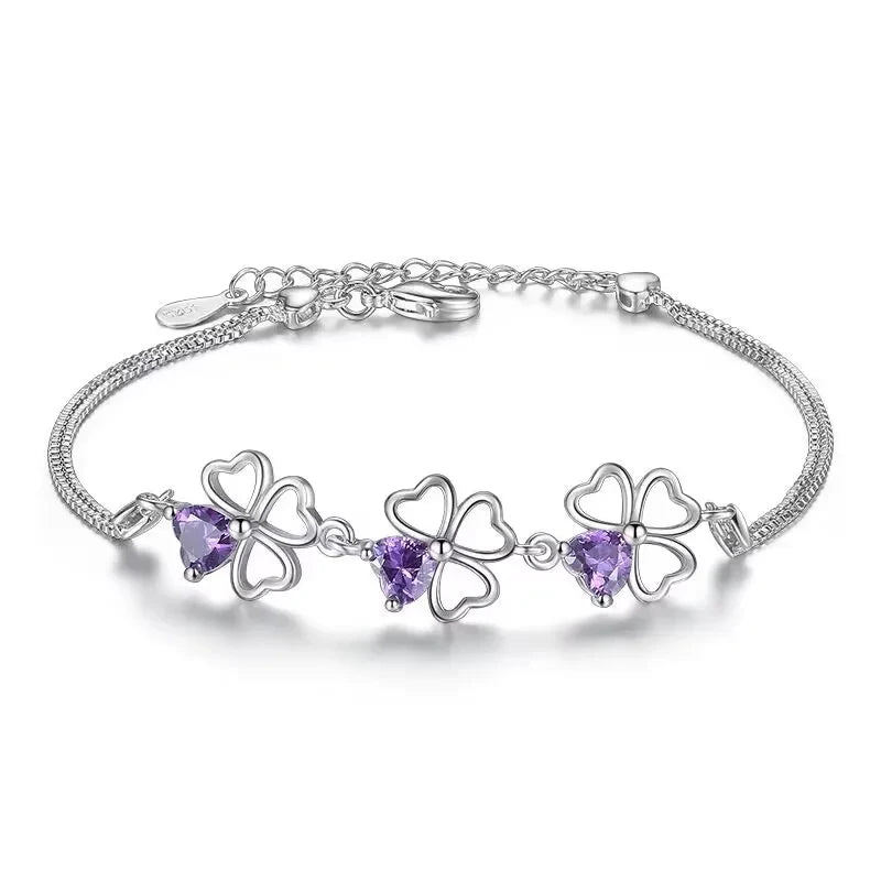 Purple Crystal Lucky Four Leaf Clover 925 Sterling Silver Bracelets for Women Fine Accessories Jewelry