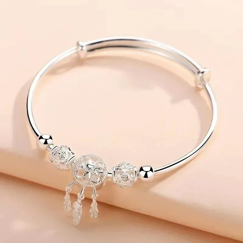 Modern Luxury Tassel Feather Dream Catcher 925 Sterling Silver Bracelets for Women Bangle Adjustable Charm Jewelry Accessories