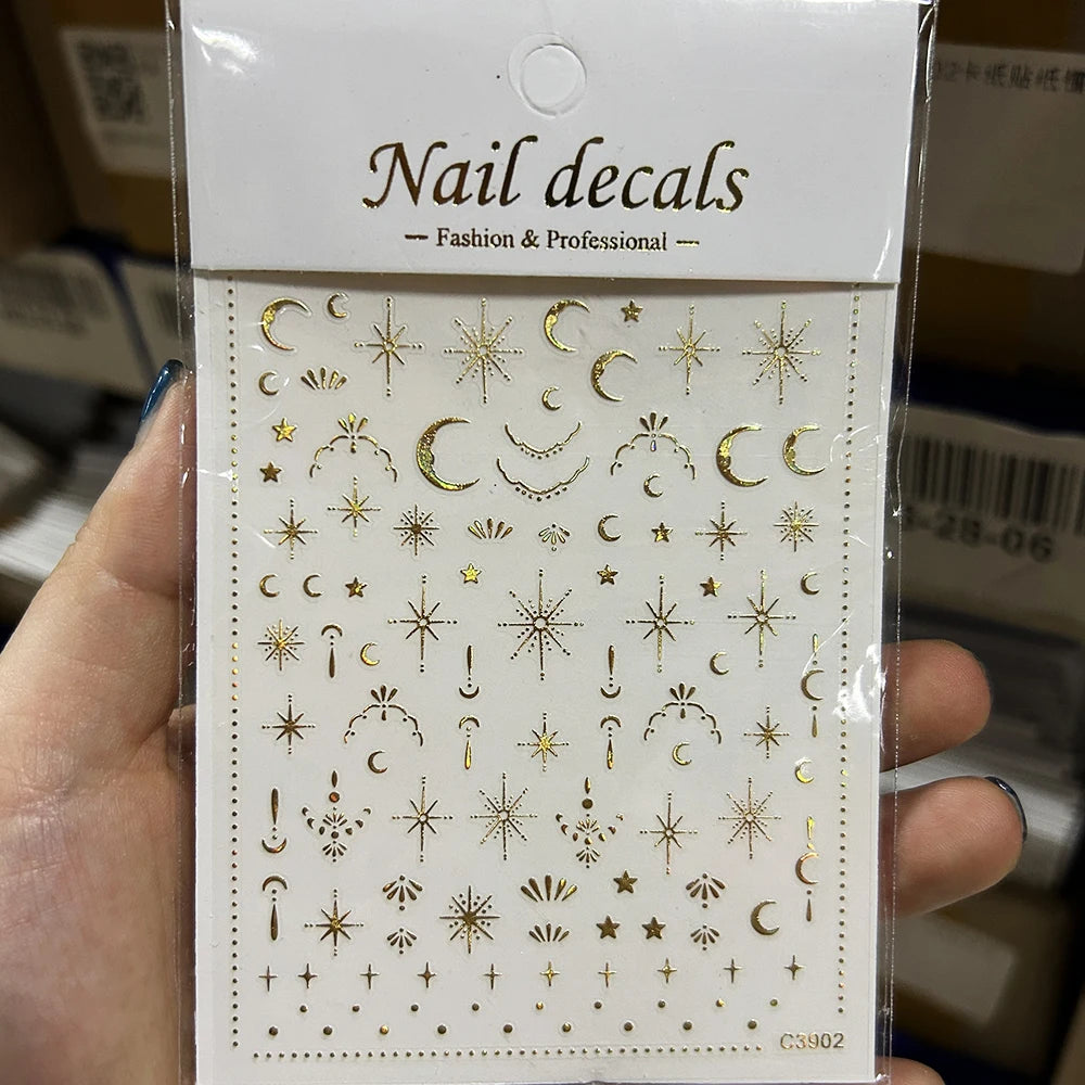 Star Sun Moon 3D Nail Stickers Bronzing Nail Art Gold Silver Styles Decal Self-Adhesive Slider