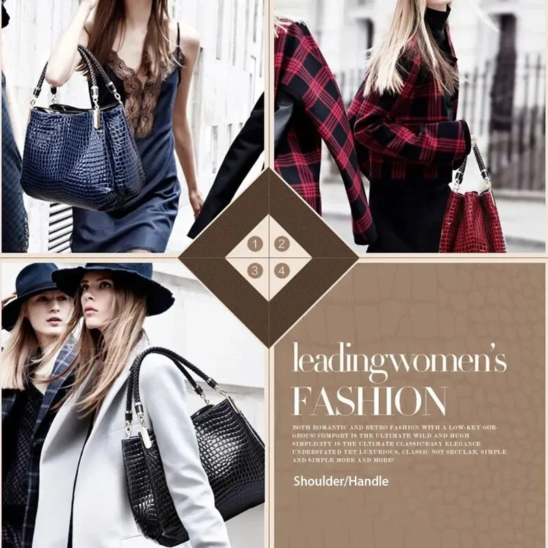 Luxury Crocodile Print Leather Women's Tote Handbag Large Capacity Shoulder Bag