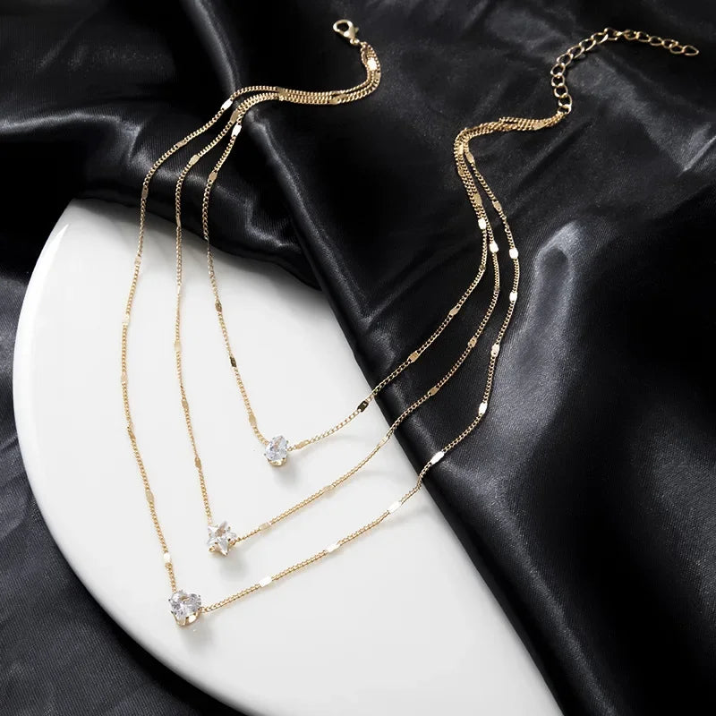 Beautiful Rhinestone Love Heart Star Drop Pendant Necklaces for Women Girls Silver Gold Color Multilayer Thin Chain Choker 3pcs Set Neck Jewelry