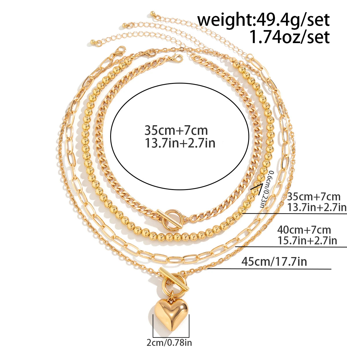 Modern Punk Gold Silver Color Pendant Necklaces for Women Girls Heart Buckle Beaded Choker 4pcs Set Chain Jewelry