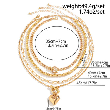 Modern Punk Gold Silver Color Pendant Necklaces for Women Girls Heart Buckle Beaded Choker 4pcs Set Chain Jewelry