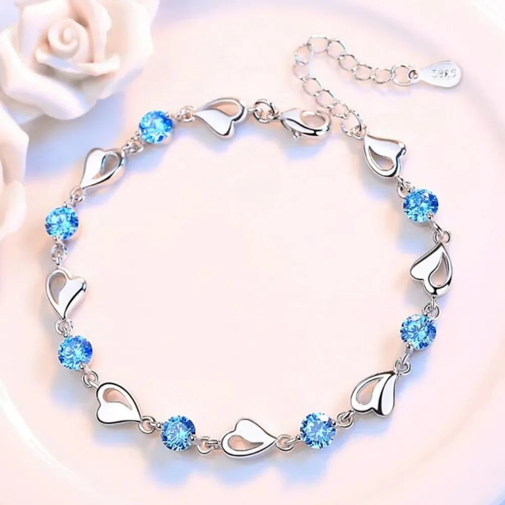 Elegant Crystal Heart 925 Sterling Silver Bracelets for Women Fine Charm Jewelry Accessories