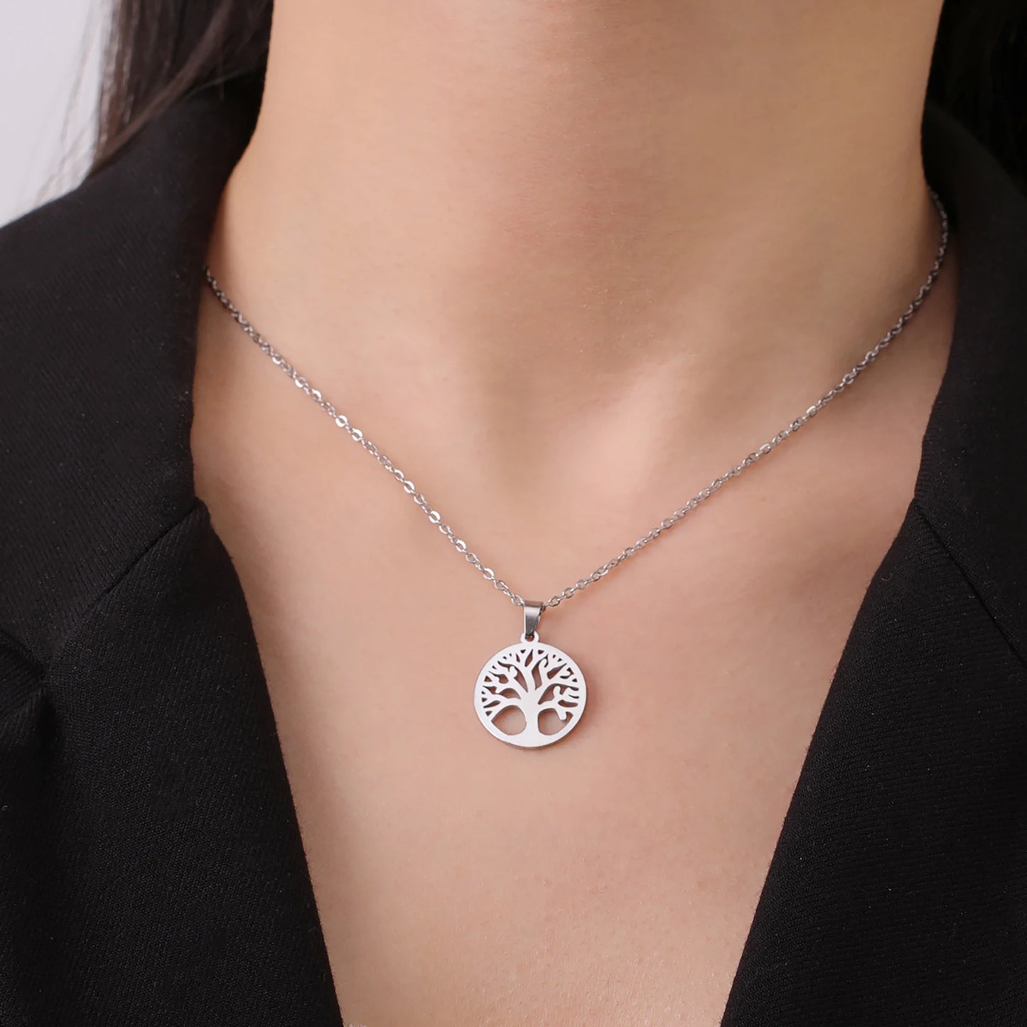 Tree of Life Pendant Stainless Steel Necklaces for Women Girls Gold Silver Color Zircon Luxury Chain