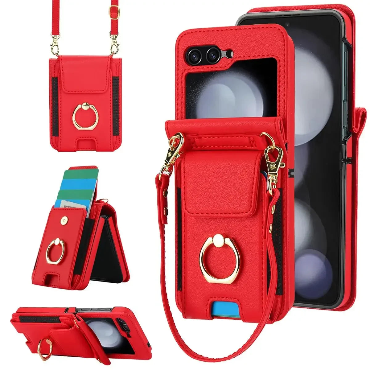 Deluxe Crossbody Lanyard Leather Flip Wallet Case for Samsung Galaxy Z Flip 6 5 4 3 Models Ring Bracket Shockproof Protective Shell Card Holder Phone Cover Bag