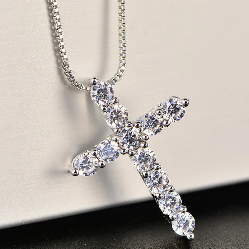 Luxury 925 Sterling Silver Crystal Cross Pendant Necklace for Women and Men Shiny Classic Fashion Jewelry Accessories