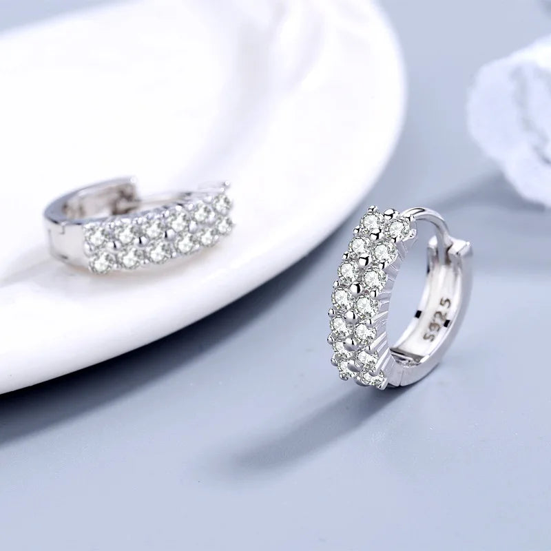 Women's Elegant Double Row Crystal 925 Sterling Silver Earrings Fashion High Quality Jewelry Accessories