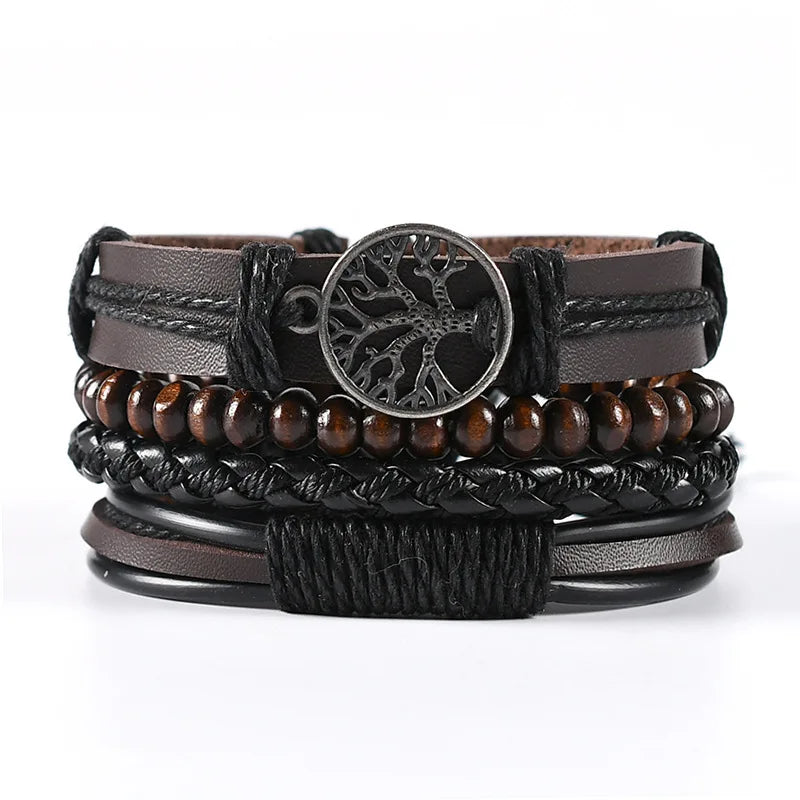 Stylish Braided Woven Leather Bracelets for Men Life Tree Rudder Charm Wood Beads Tribal Rope Wristband 4pcs Set
