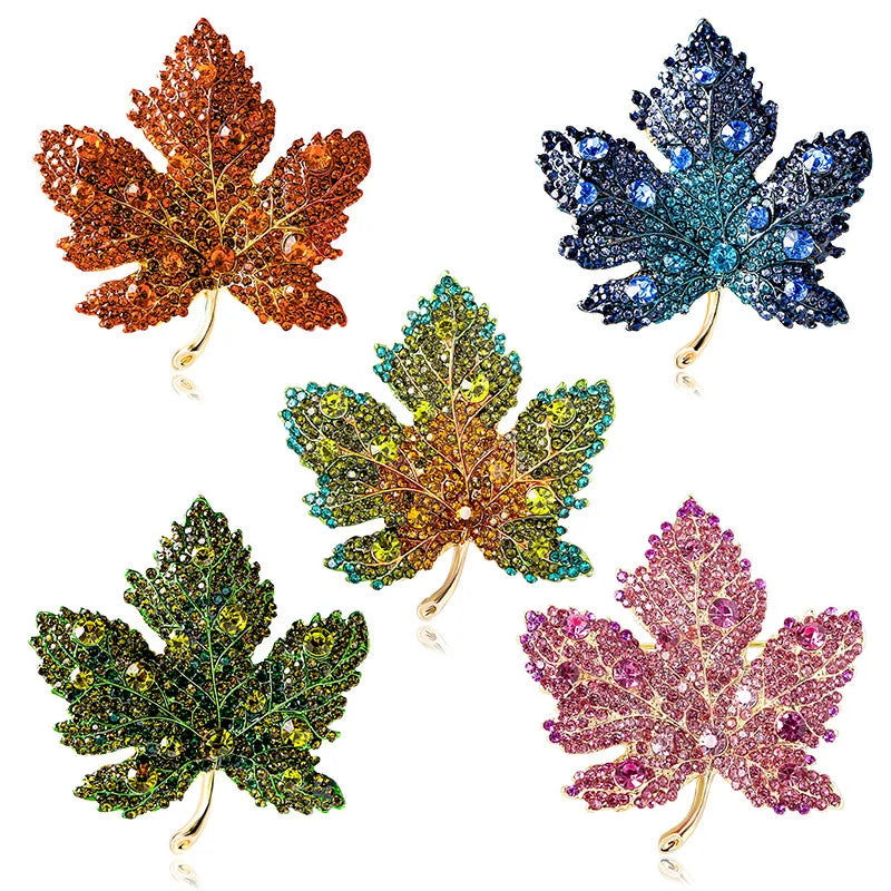 Fancy Large Maple Leaf Brooches For Women Girls Men Elegant Crystal Plant Leaves Brooch Pin Luxury Clothing  Jewelry