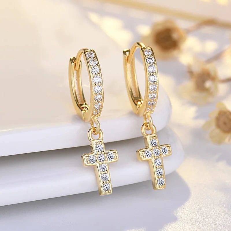 Modern Crystal Cross 925 Sterling Silver Hoop Earrings for Women Fine Dangle Jewelry Accessories