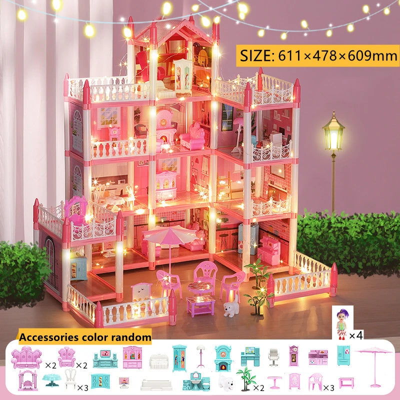 Beautiful Miniature Model Doll House Princess Castle with LED Lights Accessories Girl Birthday Gift Toy Villa House 3D Assembly DIY