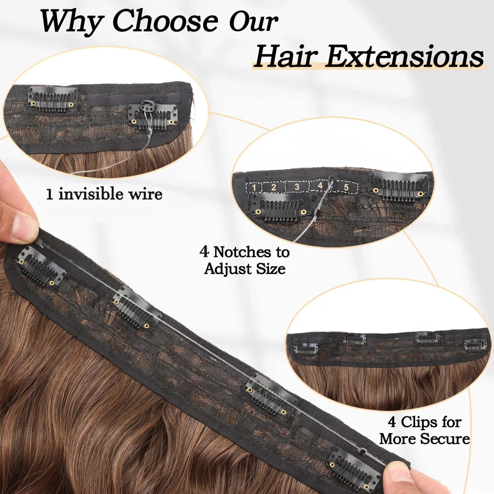Black Halo Hair Extensions with Invisible Wire Adjustable Size 22inches No Clip Long Synthetic Wavy Curly Hairpieces for Women