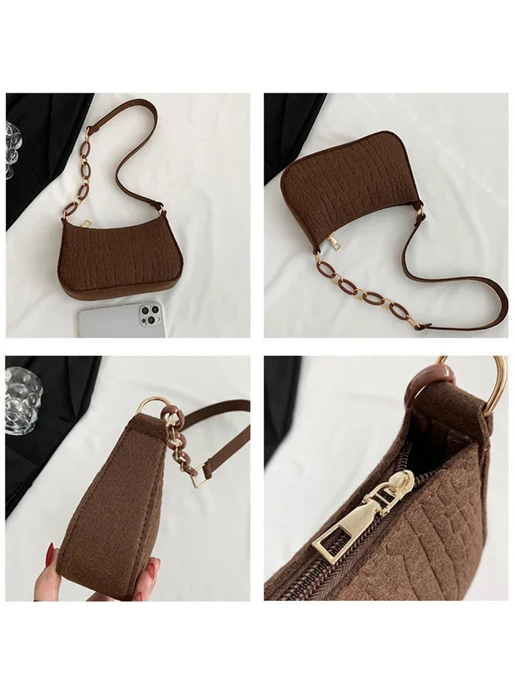 Fashion Style Wool Fiber Small Square Bag Purse Stone Pattern Shoulder Creative Bags for Women