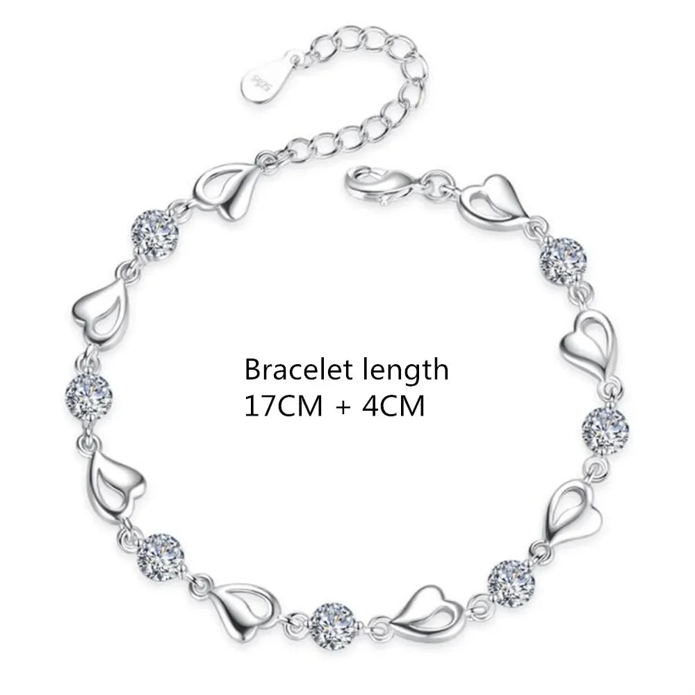 Elegant Crystal Heart 925 Sterling Silver Bracelets for Women Fine Charm Jewelry Accessories