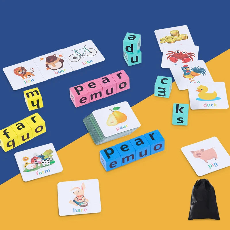 Exciting Word Alphabet Learning Spelling Game Toy for Preschool Boys and Girls, Letters Reading Wooden Building Blocks with 40 Cards