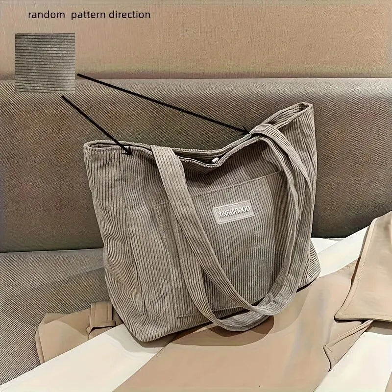 Trendy Corduroy Large Capacity Women's Tote Shoulder Bag Handbag With Front Pocket