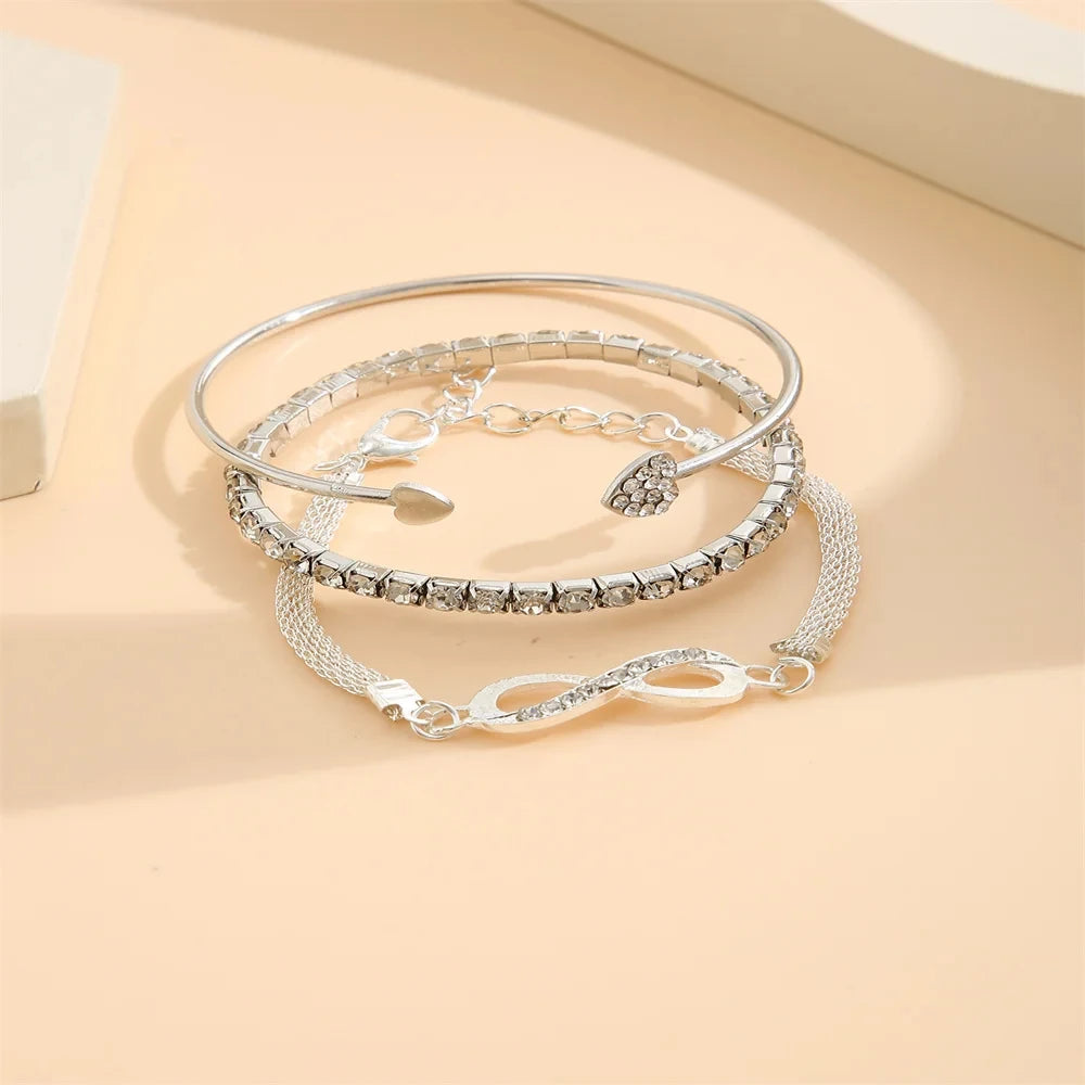 Infinity Heart Set Crystal Rhinestone Bracelets for Women Fashion Silver Gold Color Geometric Adjustable Cuff Bangle Jewelry