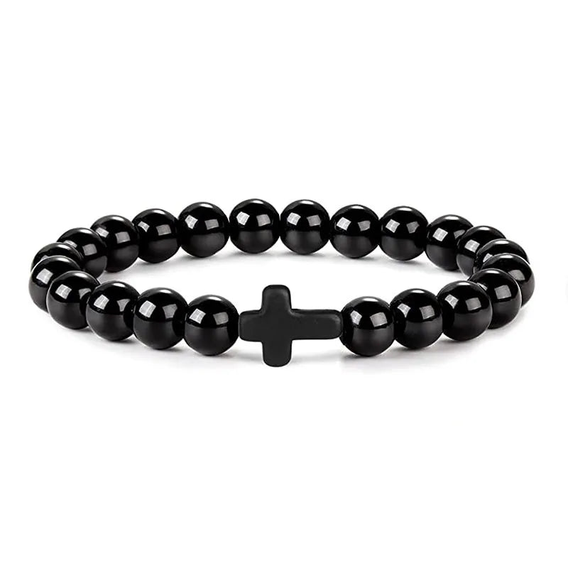 Rosary Cross Natural Stone Wood Beads Hematite Bracelets Prayer Meditation Bracelet for Men Women Yoga Jewelry