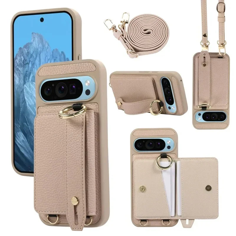 Exquisite Crossbody Leather Wallet Case for Google Pixel 9 8 Pro 8a 7a Models Ring Holder with Wrist Strap Shockproof Phone Case Cover Shell