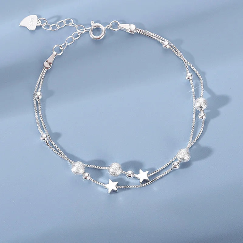 Elegant Multi Strand Stars Beads 925 Sterling Silver Bracelets for Women Adjustable Jewelry Accessories