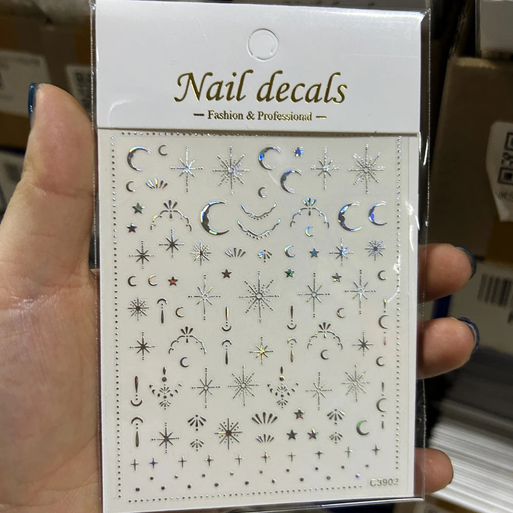 Star Sun Moon 3D Nail Stickers Bronzing Nail Art Gold Silver Styles Decal Self-Adhesive Slider