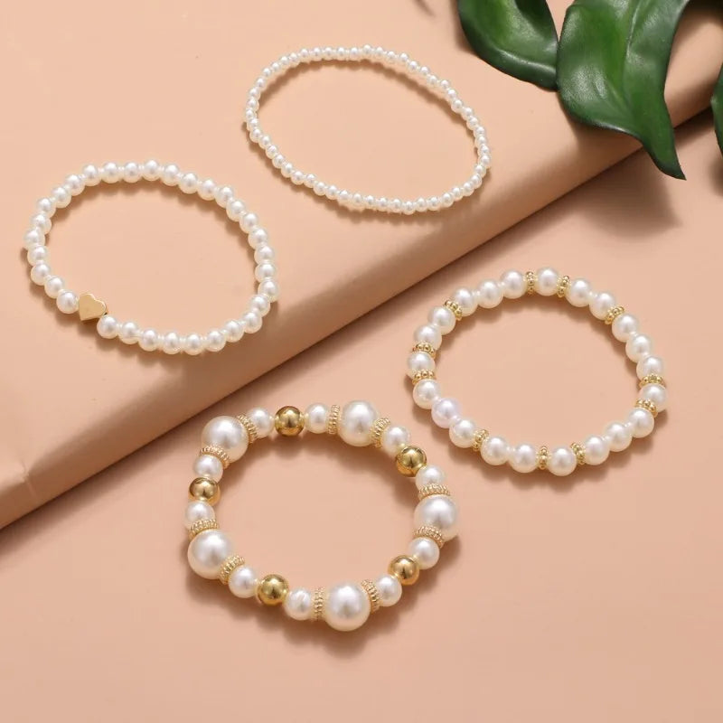 Elegant White Beads Bracelets for Women Girls Gold Color Accents High Grade Layered Fashion Jewelry