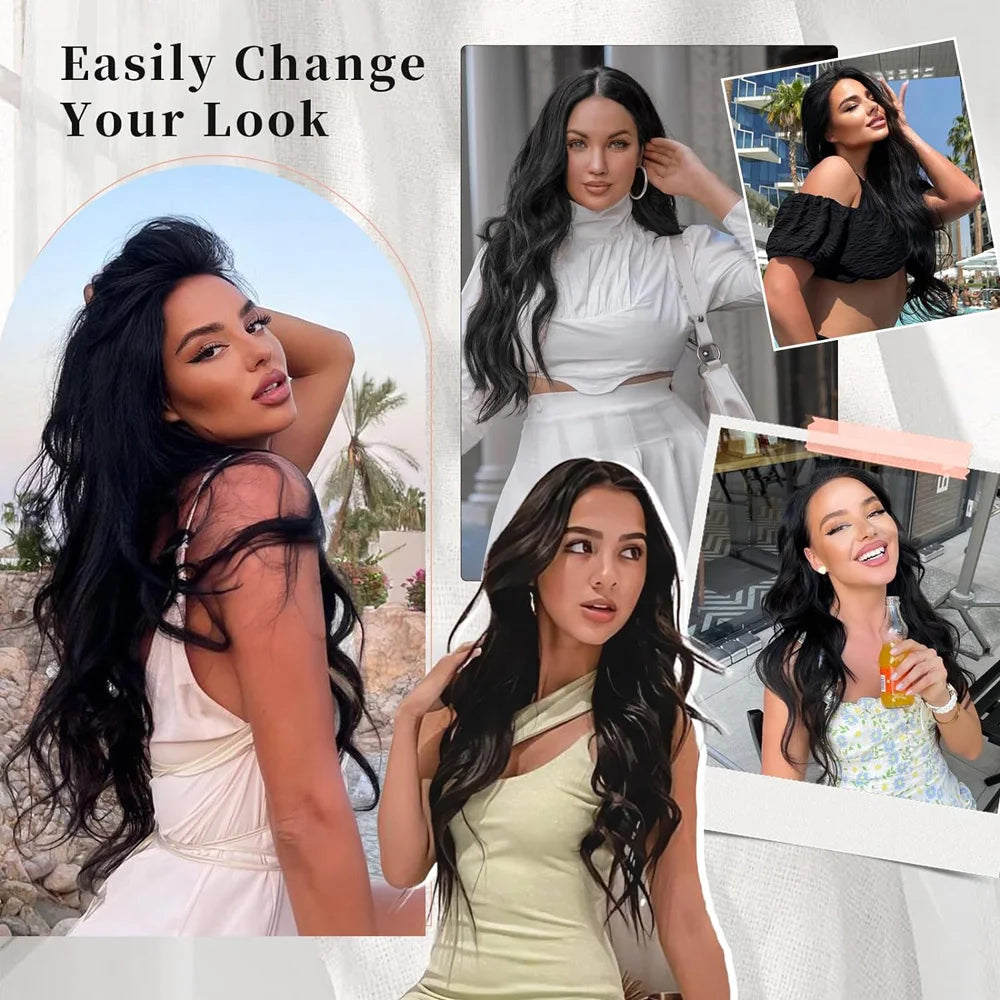 Black Halo Hair Extensions with Invisible Wire Adjustable Size 22inches No Clip Long Synthetic Wavy Curly Hairpieces for Women
