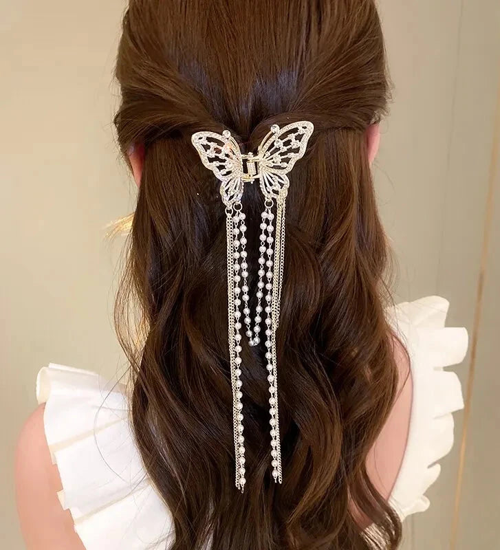 Crystals with Pearls Tassel Butterfly Hair Clip for Women Girls Elegant Imitation Pearl Rhinestone Shark Hairpins Jewelry
