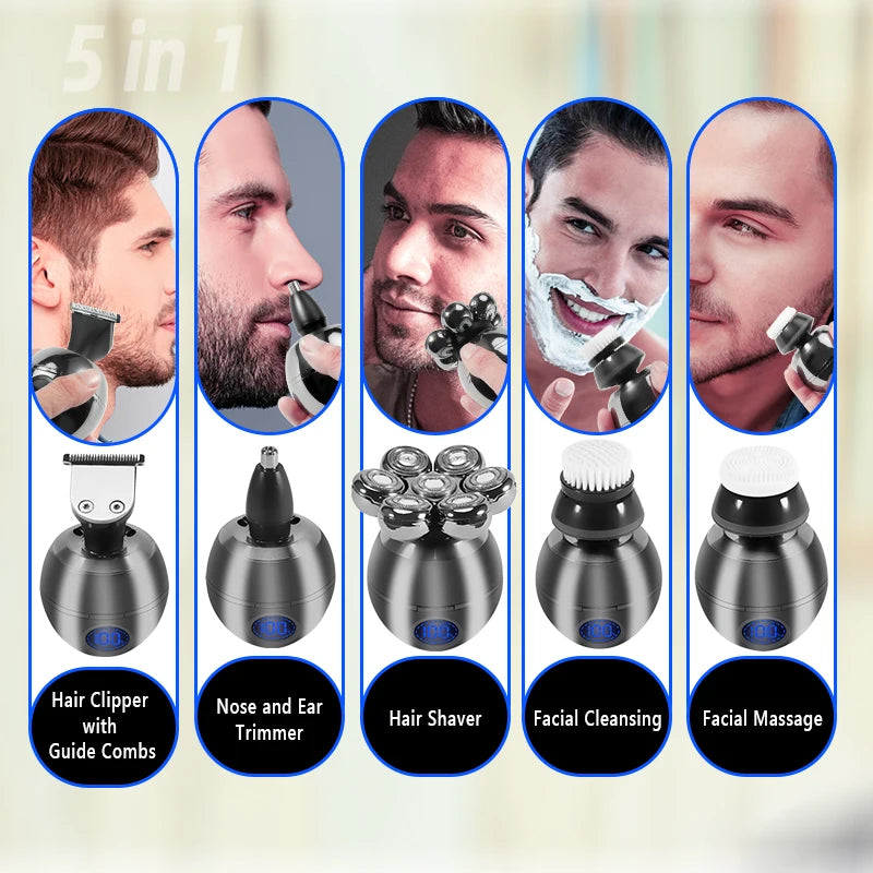 Waterproof 5 in 1 Electric Head Beard Shaver Trimmer Clippers for Men 7D Floating Precision IP68 Waterproof Shaving USB Wireless Charging Multi Device