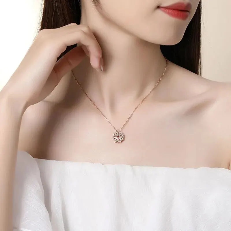 Elegant Dual Wear Magnet Crystal Four Hearts Clover Flower Pendant Necklace for Women Stainless Steel Neck Chain Jewelry Accessories