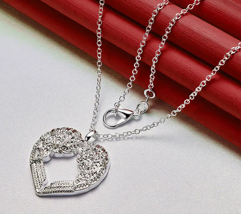 Elegant Feather Wings Heart 925 Sterling Silver Necklace Chain for Women Fashion Charm Jewelry Accessories
