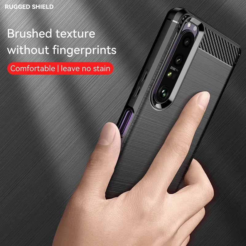 Shockproof Carbon Fiber Silicone Case for Sony Xperia 10 5 1 II III IV V VI Brushed Texture Protective Back Cover Case