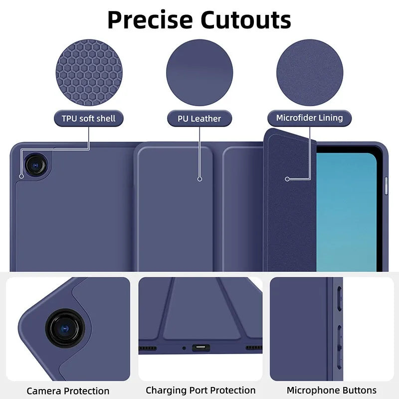 Protective Silicone and Leather Smart Case for Samsung Galaxy Tab S10 S9 FE Plus 11" 12.4" A9 S8 S7 Plus S6 Lite With Pen Holder Cover