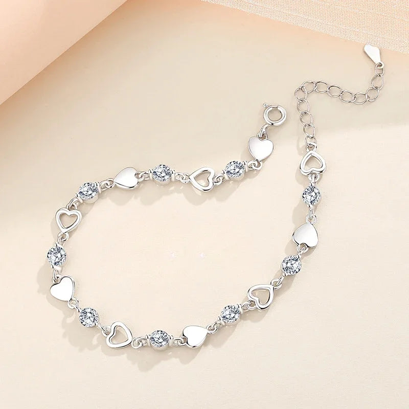 Luxury Crystal Hearts 925 Sterling Silver Pendant Bracelets for Women Versatile Charm Jewelry Accessories