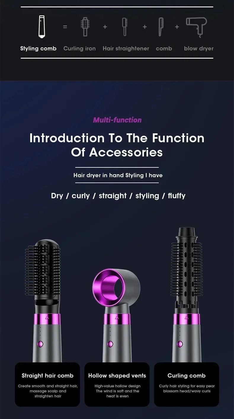 5 in 1 Multifunctional Electric Hair Dryer Hot Air Comb Automatic Curling Rod and Straightener Fast Dry Salon Style Tools