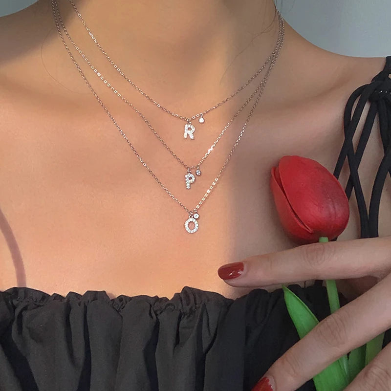 Elegant Crystal Initials Letter 925 Sterling Silver Chain Necklaces for Women Shiny Pendant Collar Jewelry Accessories