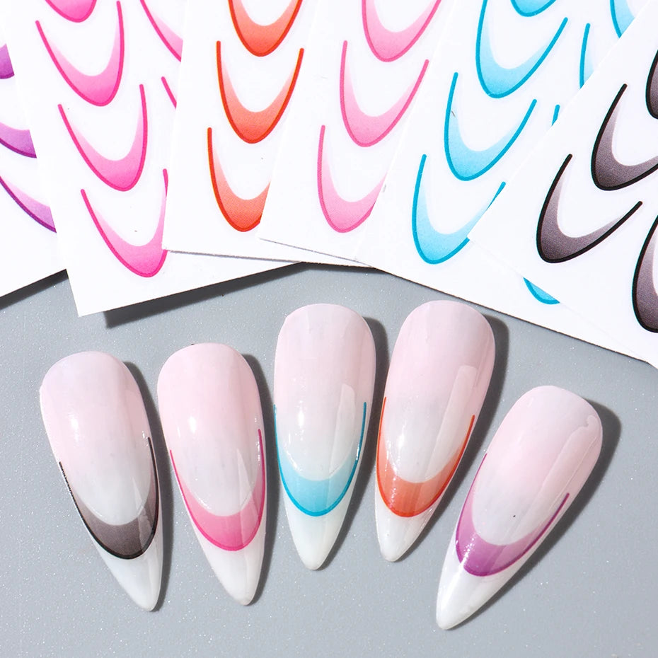 French Manicure Self-Adhesive Nail Stickers Gradient Stripe Lines Sliders Ombre Designs Nail Art Decals DIY Decoration 6 Cards