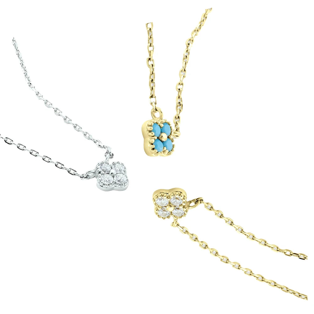 Luxury Dainty 925 Sterling Silver Turquoise Crystals Four Leaf Clover Pendant Necklaces for Women Petal Patter Popular Jewelry