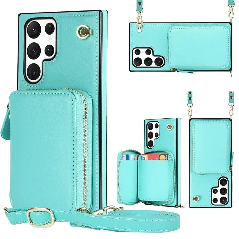 Luxury Crossbody Zipper Leather Wallet Case for Samsung Galaxy S24 S23 S22 Plus S21 S20 Ultra Note 20 Models Cards Holder Lanyard Protective Cover Shell
