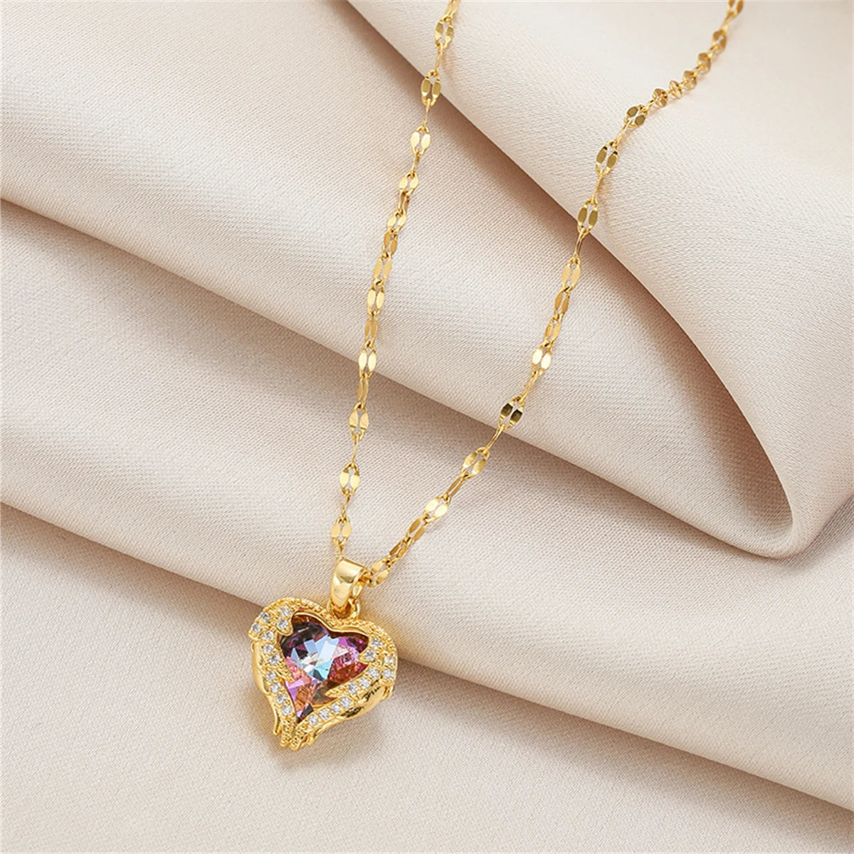 Fashion Crystal Ocean Heart Pendant Stainless Steel Necklace Chain for Women Trendy Jewelry Accessories