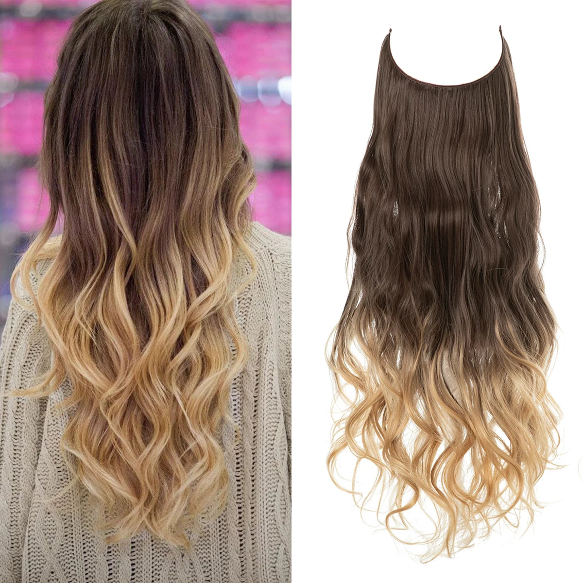 Synthetic No Clip Wave Hair Extensions Ombre Natural Black Blonde Pink One Piece False Hair Piece